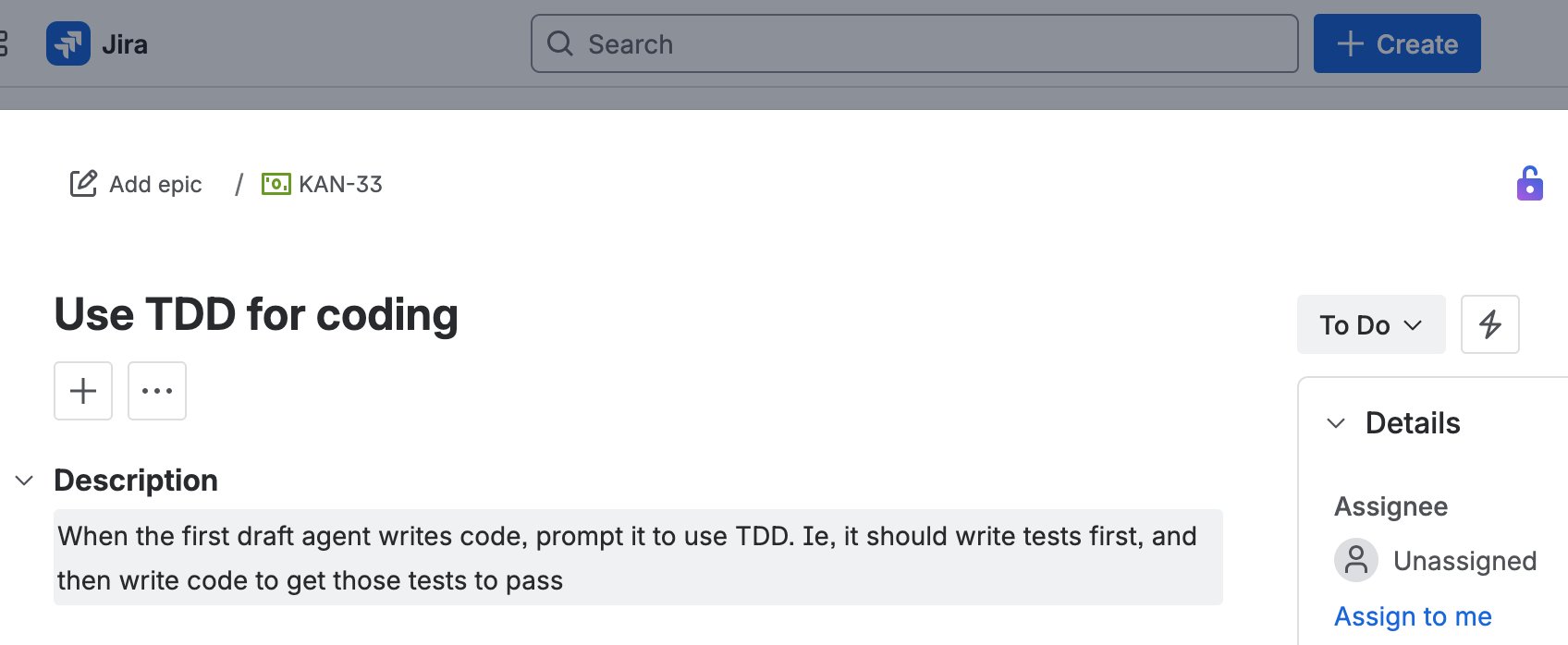 A Jira ticket ready to be processed by CodeProdigy
